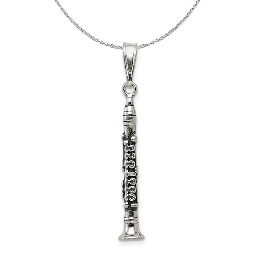 Sterling Silver 3D Antiqued Clarinet Necklace - 16 inch